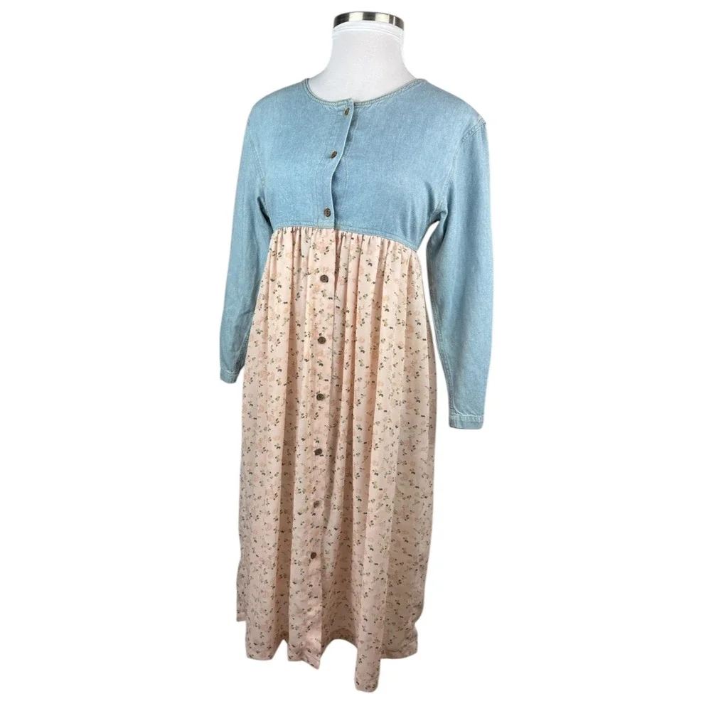 Vtg 90s Express Prairie Dress Denim Bodice Floral Maxi Cottagecore Coquette M - Picture 13 of 15